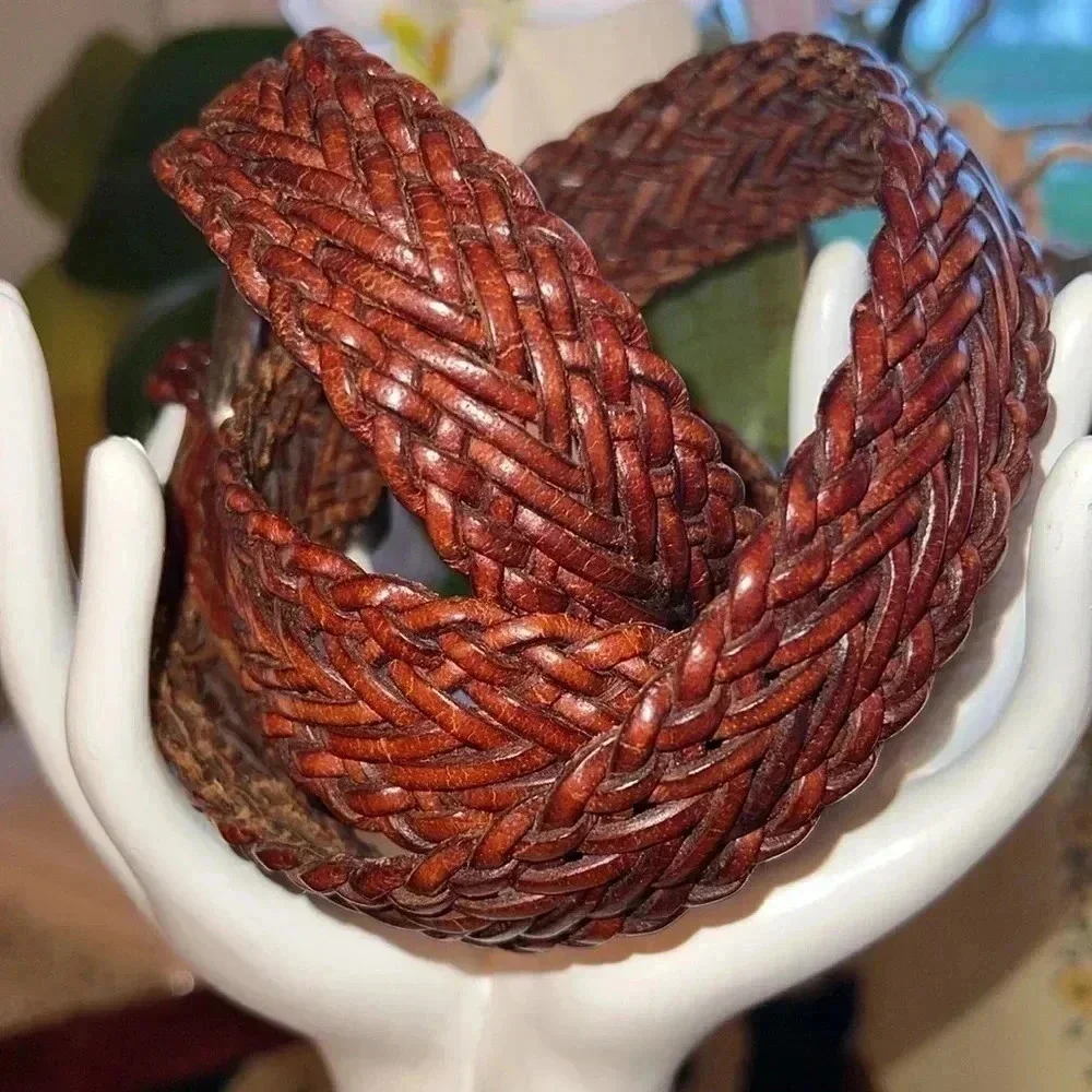Vintage Braided Leather Belt in Deep Whiskey Brown Heavy Antique Silver Buckle M